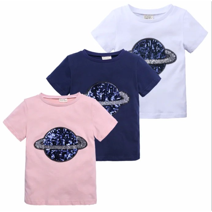 1-8 Yrs Kids Girl Cotton Tshirts Pink Faddish Bling Planet Infant Toddler White T-shirt Baby Summer Top