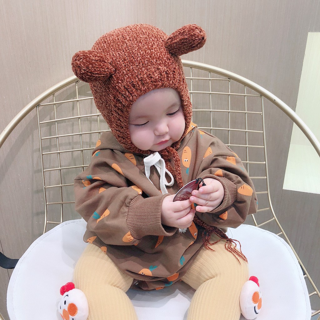 Nón len 2 sừng nâu cột dây đáng yêu cho bé