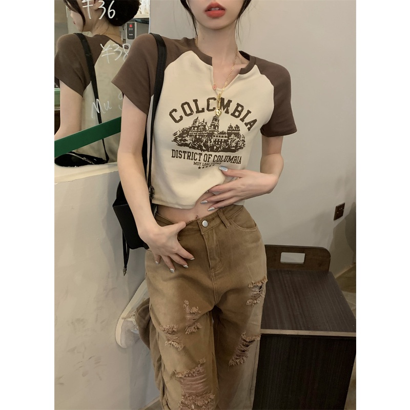 622130#Áo Thun Ngắn Tay Trễ Vai Phong Cách Retro Mỹ Cho Nữ