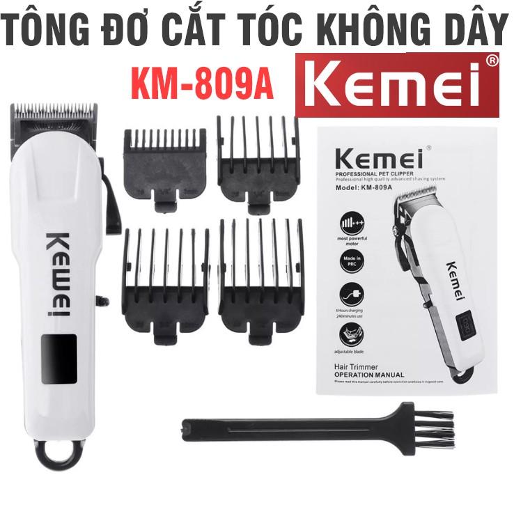 Tông đơ cắt tóc không dây Kemei KM-809A lưỡi cắt kim loại tặng kèm 4 lược căn độ dài màn hình LCD