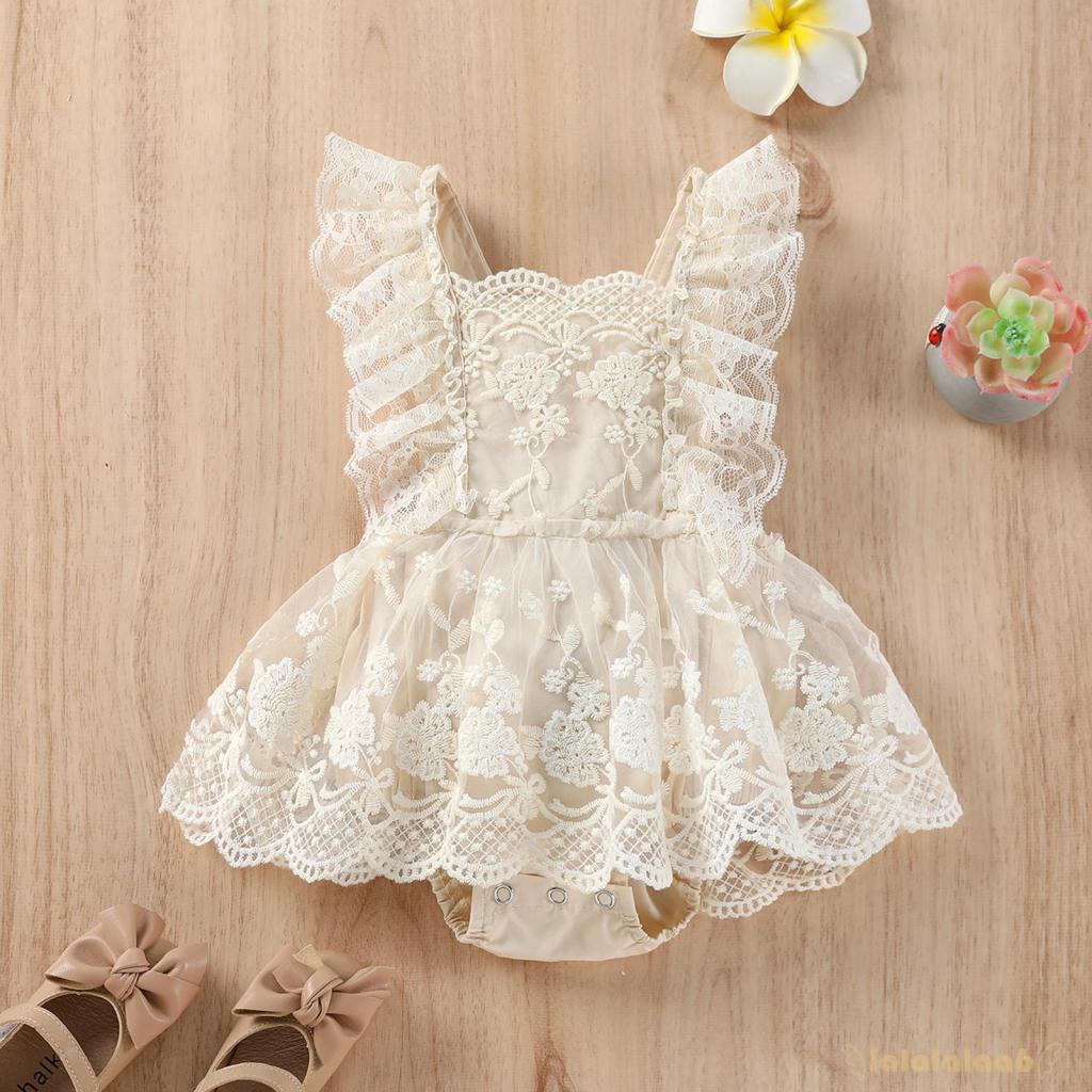 LAA6-Baby Girls Summer Romper, Plain Floral Lace Embroidery Skirt Layered Adjustable Straps Romper