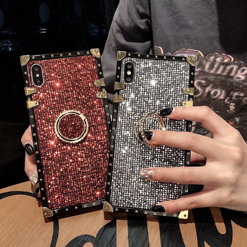 Glitter Diamond Case For iPhone 12 Pro Max 6.1 6.7 5.4 Phone Cases iPhone 11 Pro Max XS Max XR X 6 7 8 6S Plus Shinning Bling Luxury Fashion Square Soft Cover+Holder Stand