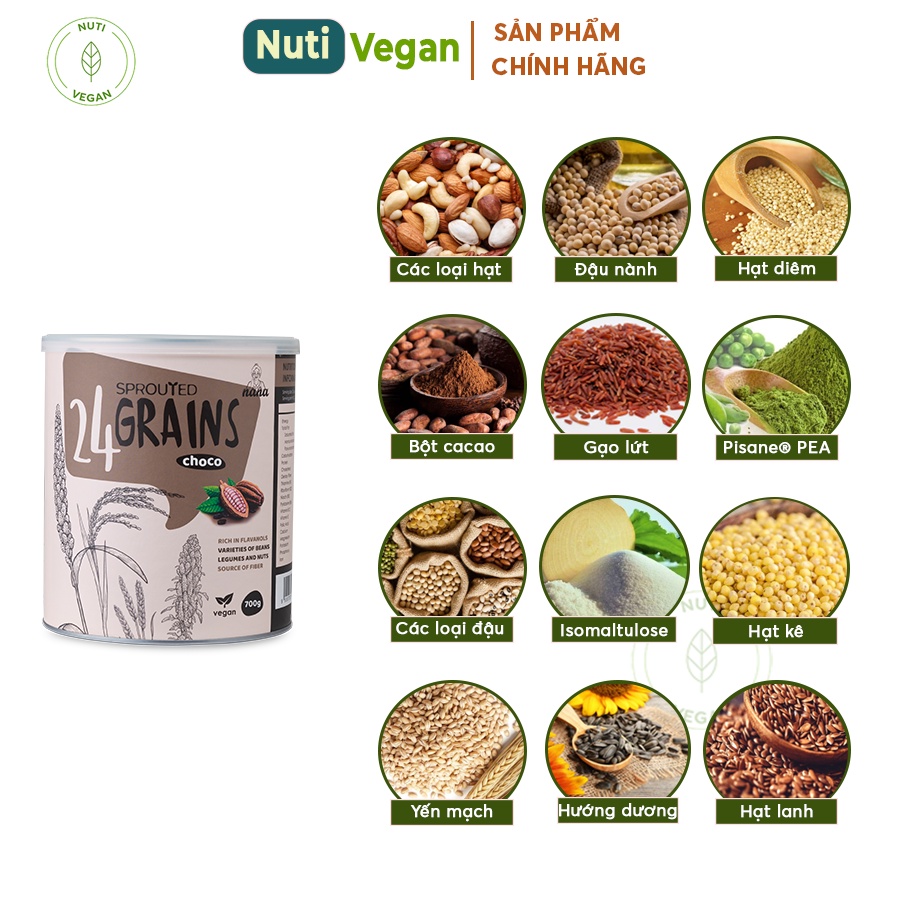 Sữa Hạt Hữu Cơ 24Grains Nhập Khẩu Malaysia, Hộp 700g Vị Cacao, Sữa Dinh Dưỡng Thuần Chay - nutivegan