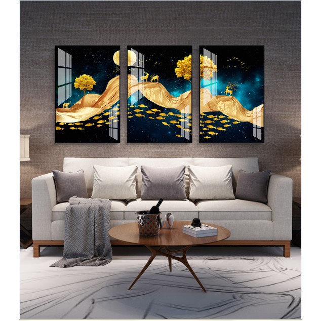 Tranh treo tường tráng gương cao cấp bộ 3 tranh decor hươu vàng phòng khách- GD38