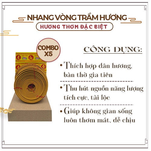 Nhang Vòng Trầm Hương Đặc Biệt Hộp Vàng Thơm 24 Giờ [Tặng Kèm Cây Treo] - Combo 5 Hộp Mỗi Hộp 10 Cuộn