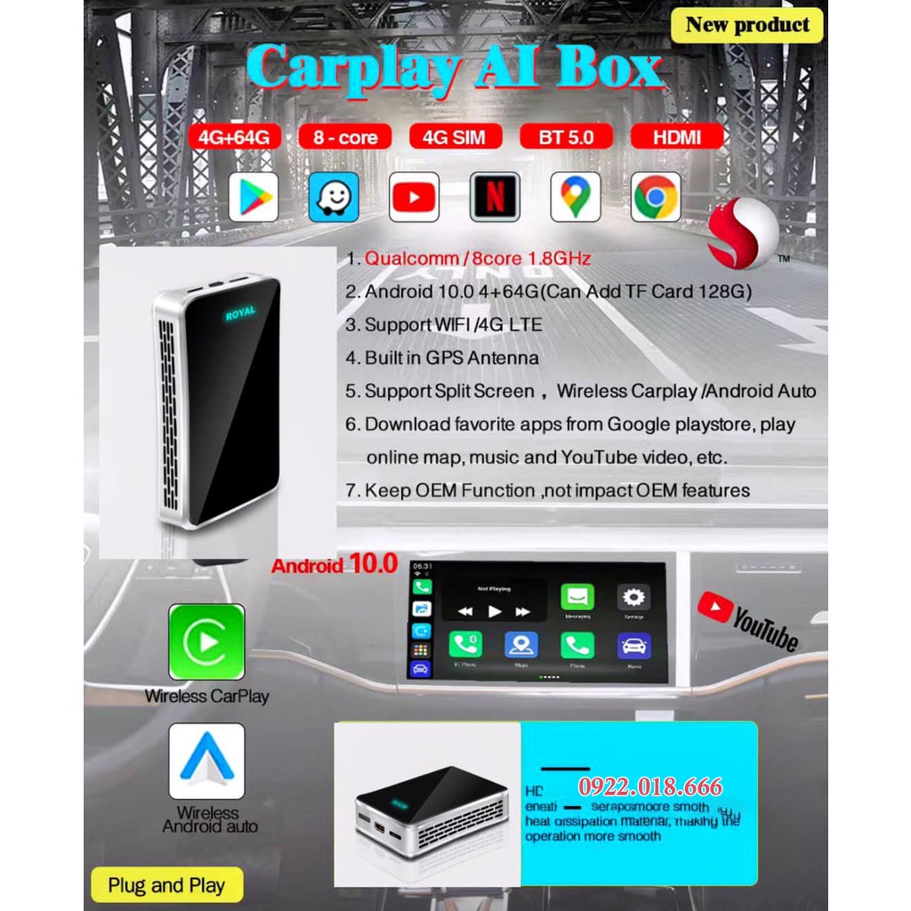 Carplay Android Box AI Thế Hệ Mới ROYAL - Biến Màn Hình Zin Thành Màn Hình Android-Cấu Hình Khủng Tản Nhiệt Thông Minh