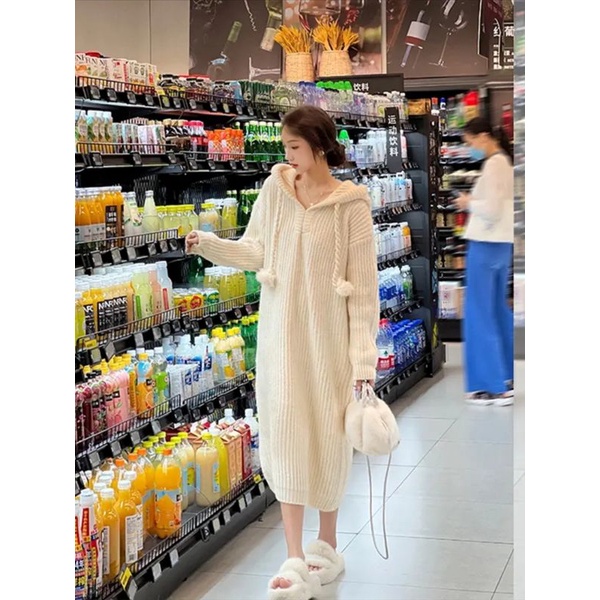 Đầm váy len cổ chữ V dài tay có mũ mang phong cách Hàn Quốc