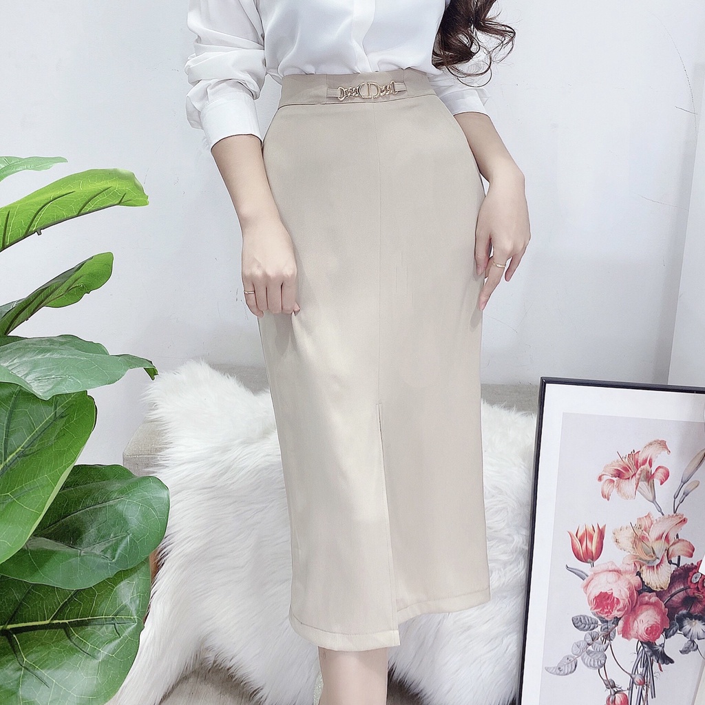 Chân váy midi dài chữ A xẻ trước cạp xích công sở HILA (Mã SP: CV937
