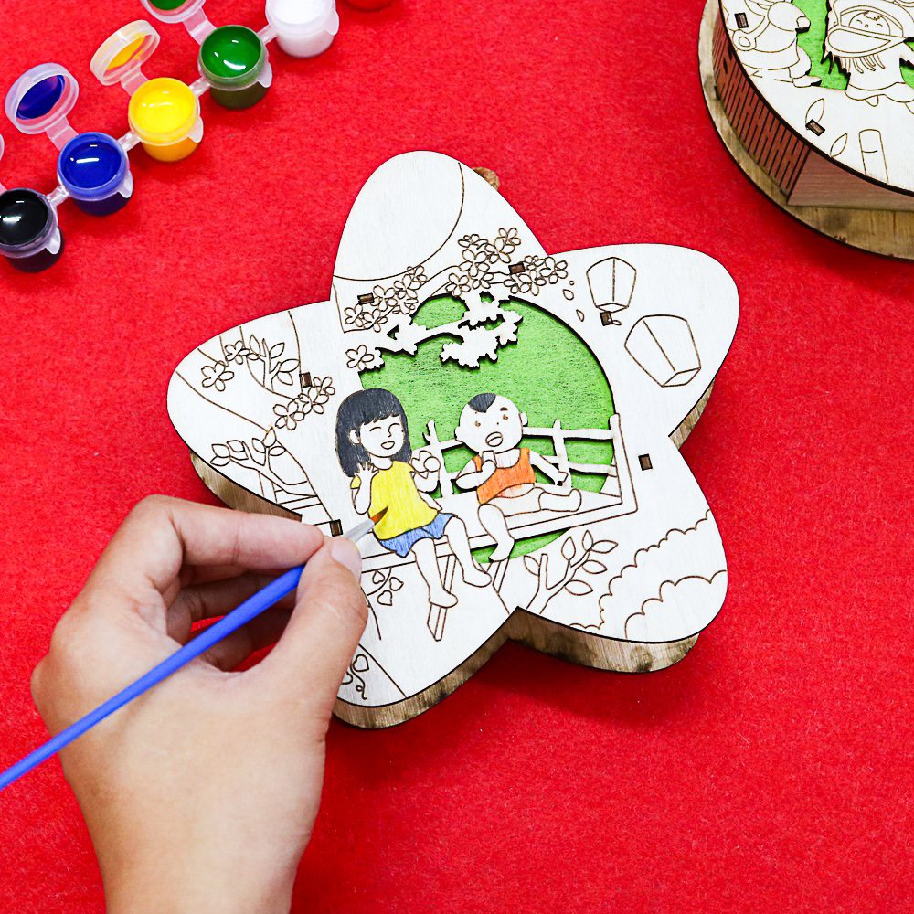 Đèn lồng gỗ trung thu, lồng đèn trung thu truyền thông handmade Diy bé tự tô màu sáng tạo đủ phụ kiện kèm màu tô và đèn