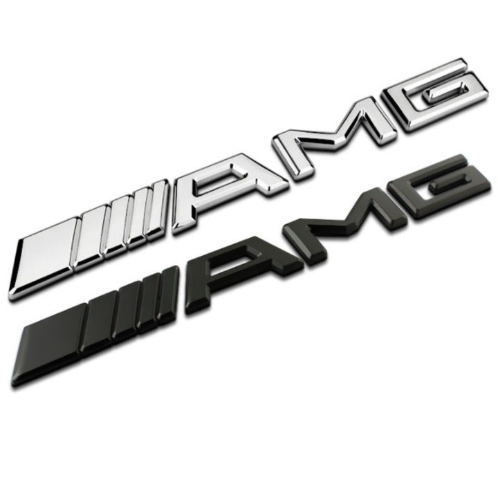 Decal logo 3D hợp kim inox chữ nổi AMG dán xe đuôi ô tô: Màu Đen và Bạc