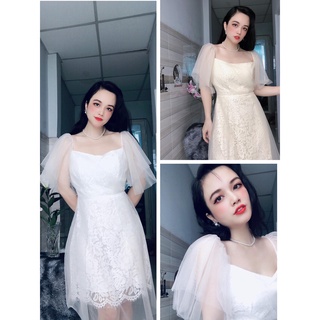 Đầm dự tiệc Đầm xòe ren trắng kem công chúa tiểu thư sang chảnh