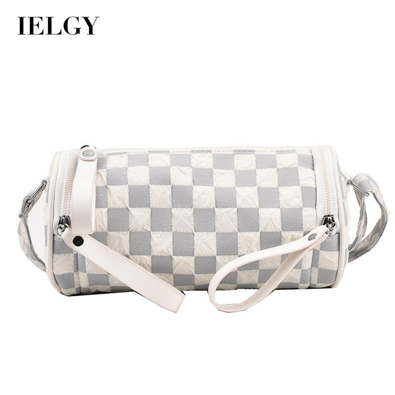 Túi đeo vai IELGY thiết kế hình trụ họa tiết sọc ca rô thời trang trẻ trung dành cho nữ
