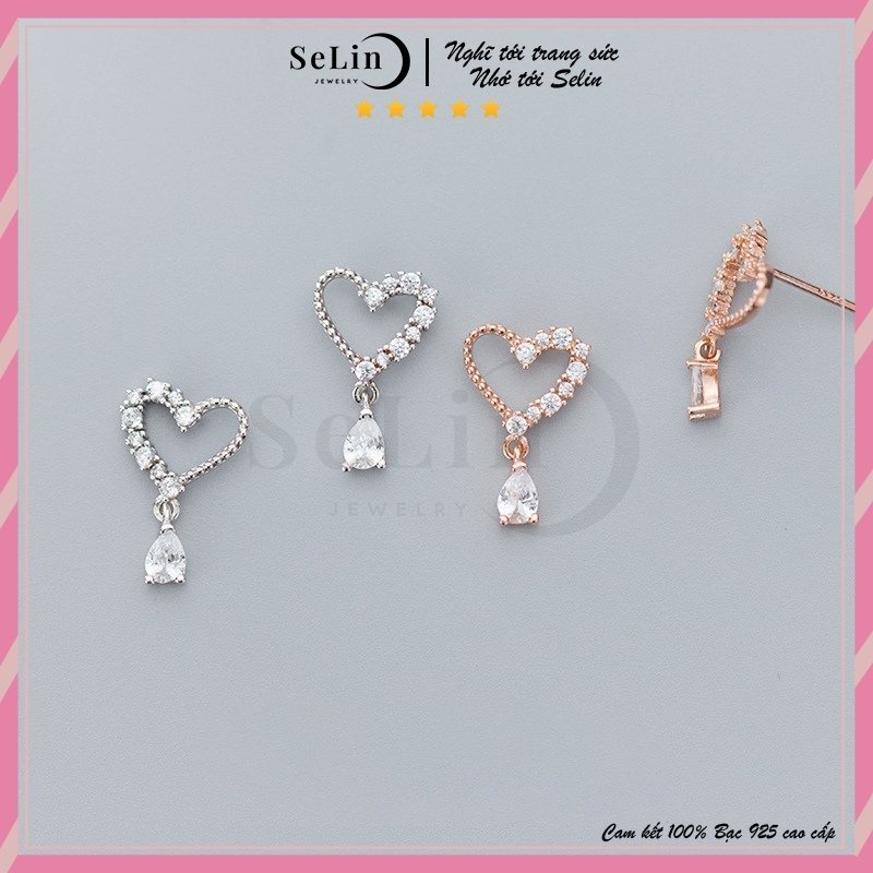 Khuyên tai nữ bạc 925 trái tim dáng dài đính đá cao cấp SELIN JEWELRY - 0011