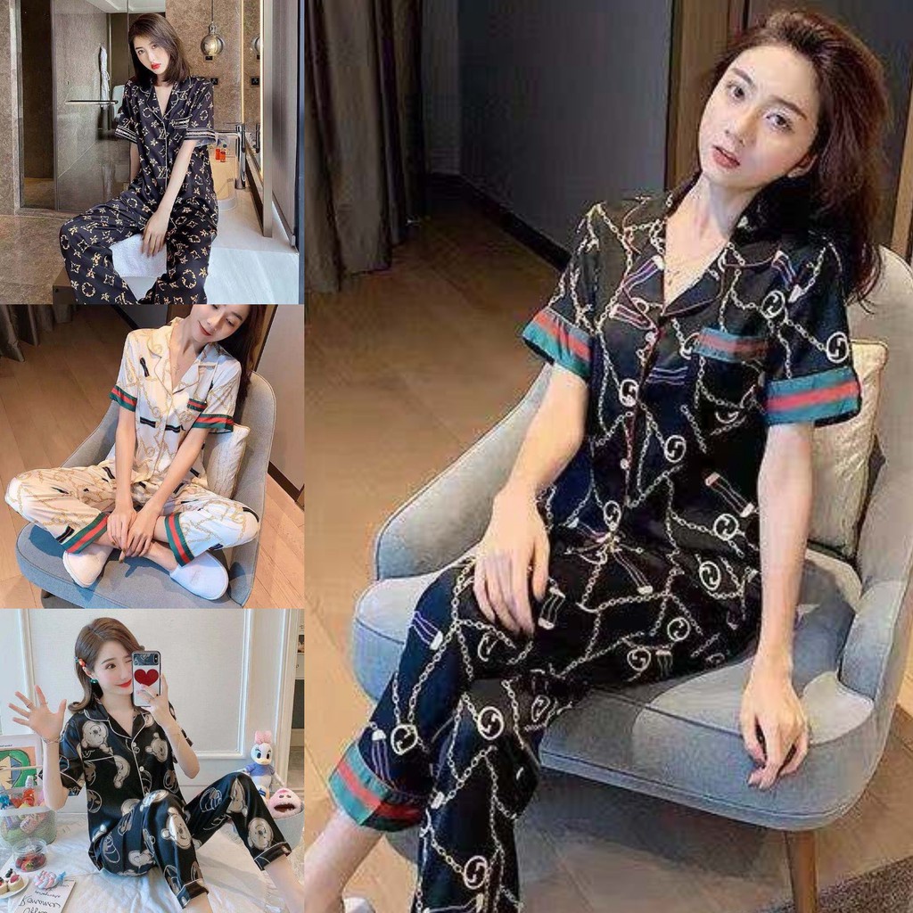 Bộ đồ ngủ vải lụa satin tay ngắn dáng rộng thời trang cho nữ size m-5xl