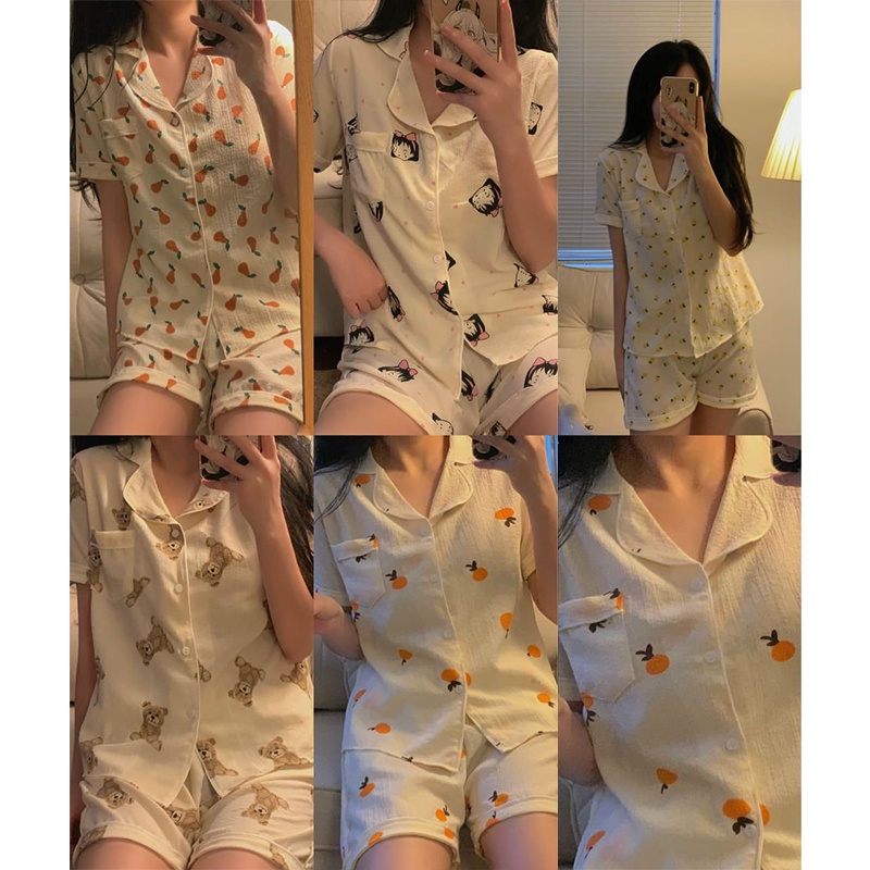 [Ảnh thật] Bộ Pijama Nữ Cộc Tay Chất Đũi Cổ 2 Ve Họa Tiết Dễ Thương, Bộ Mặc Nhà Nữ