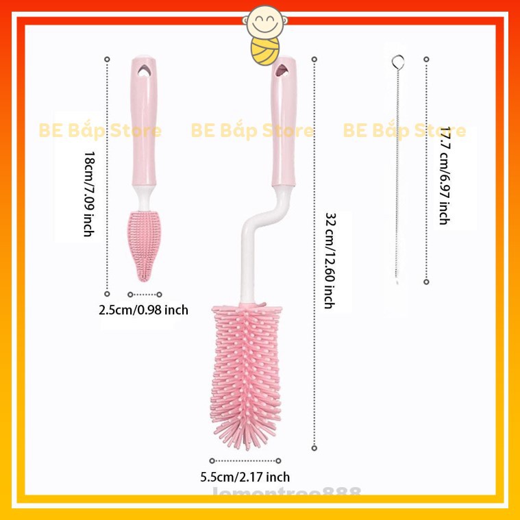 Bộ Cọ Rửa Bình Sữa Silicon ⚡CAO CẤP⚡ 3 Chi Tiết Cho Bé, Tay Cầm Xoay 360 Độ