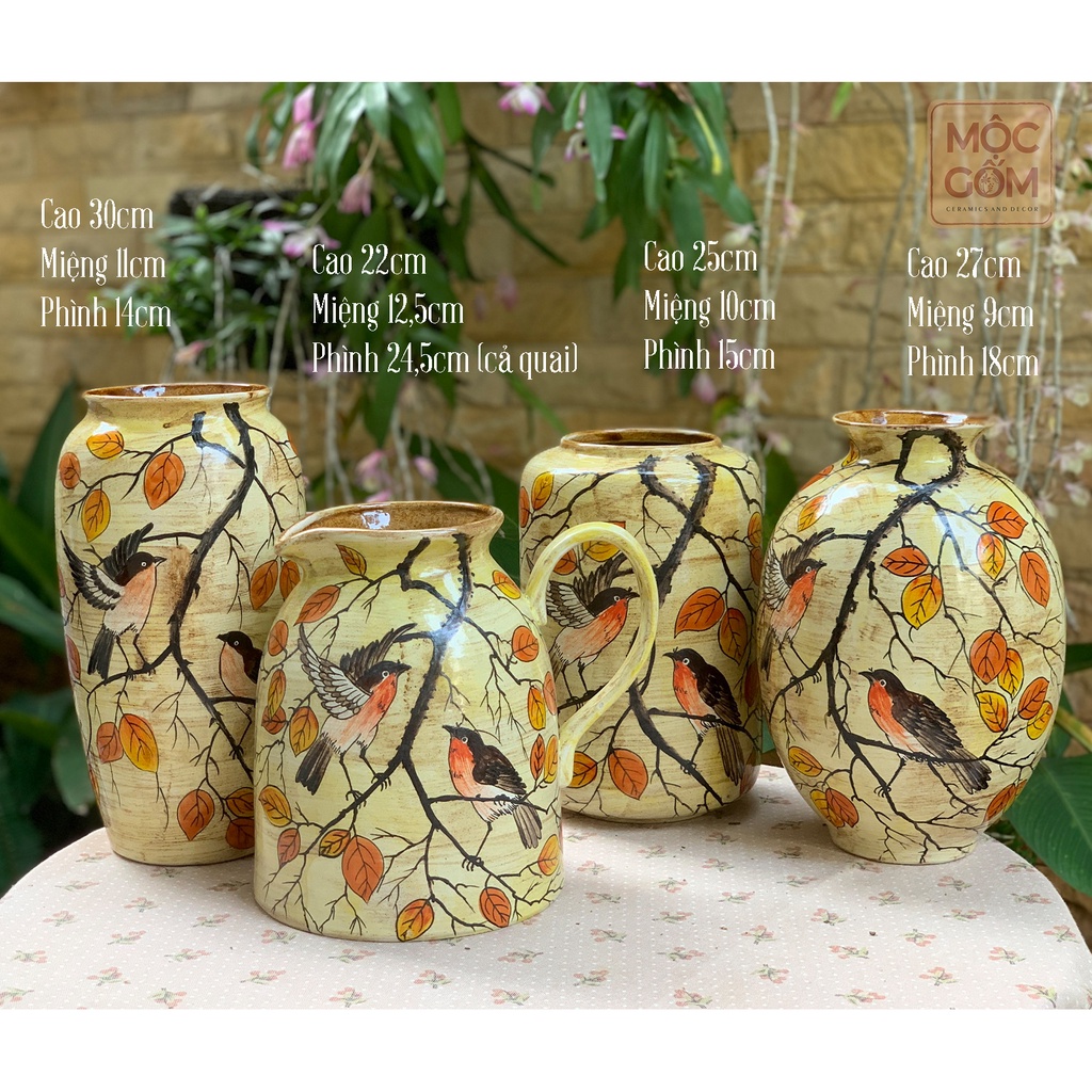 Bình hoa gốm vẽ tay họa tiết chim sẻ mùa thu- Gốm Bát Tràng - Decor nội thất | Mộc Gốm MG94