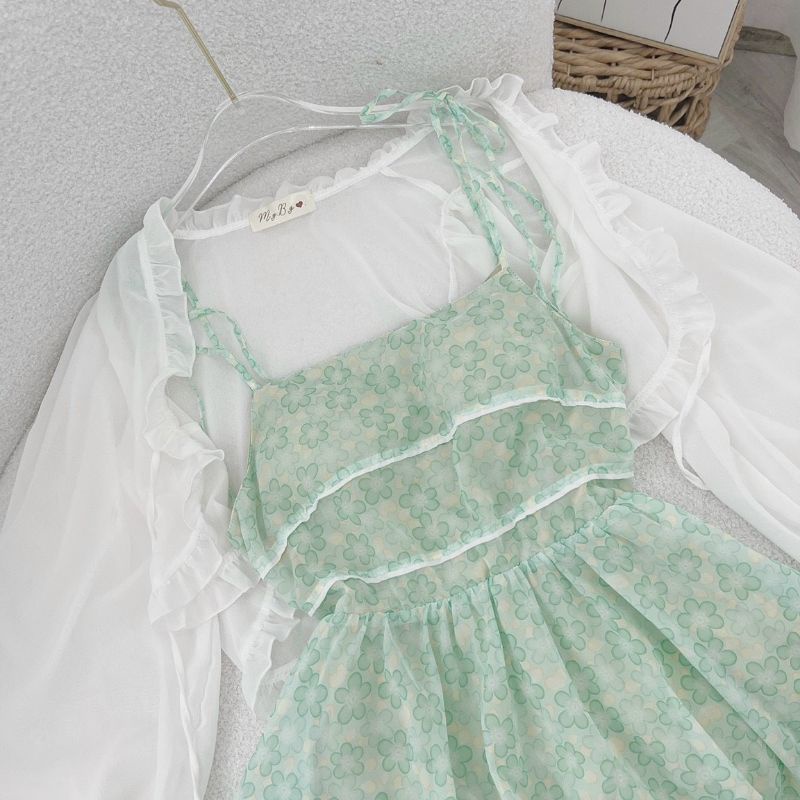 set đầm 2s hoa xanh kèm khoác crop trắng viền bèo