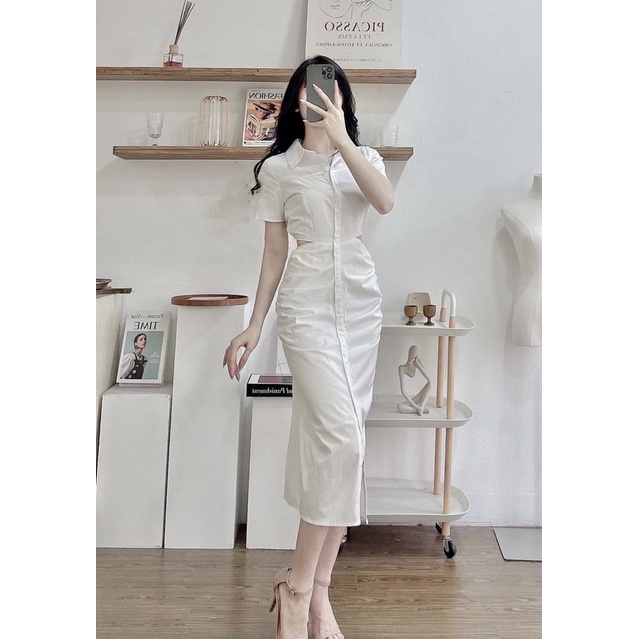 Váy sơ mi cut out chun sau đầm nhún sườn hở eo sexy maxi quyến rũ-Minxy shop | BigBuy360 - bigbuy360.vn