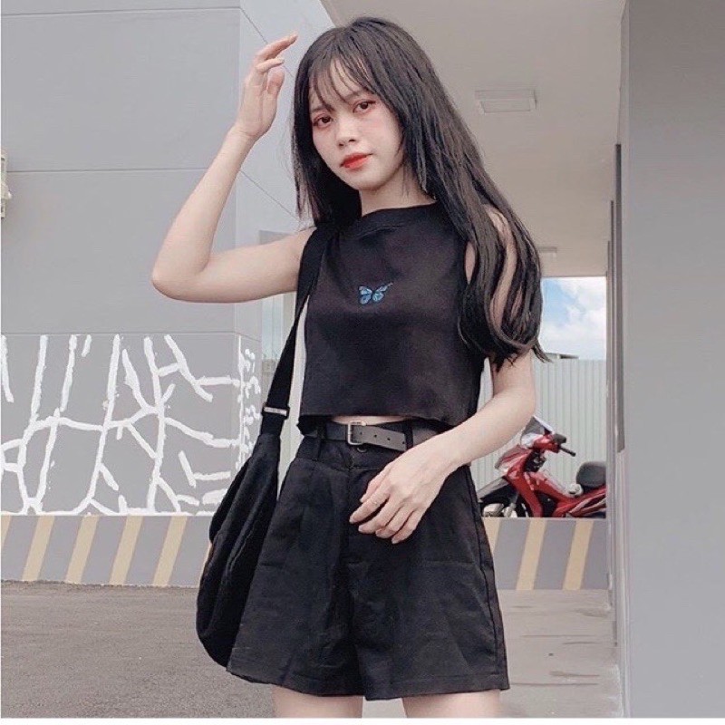 Áo Croptop 3 Lỗ Thêu Bướm Chất Cotton Mịn