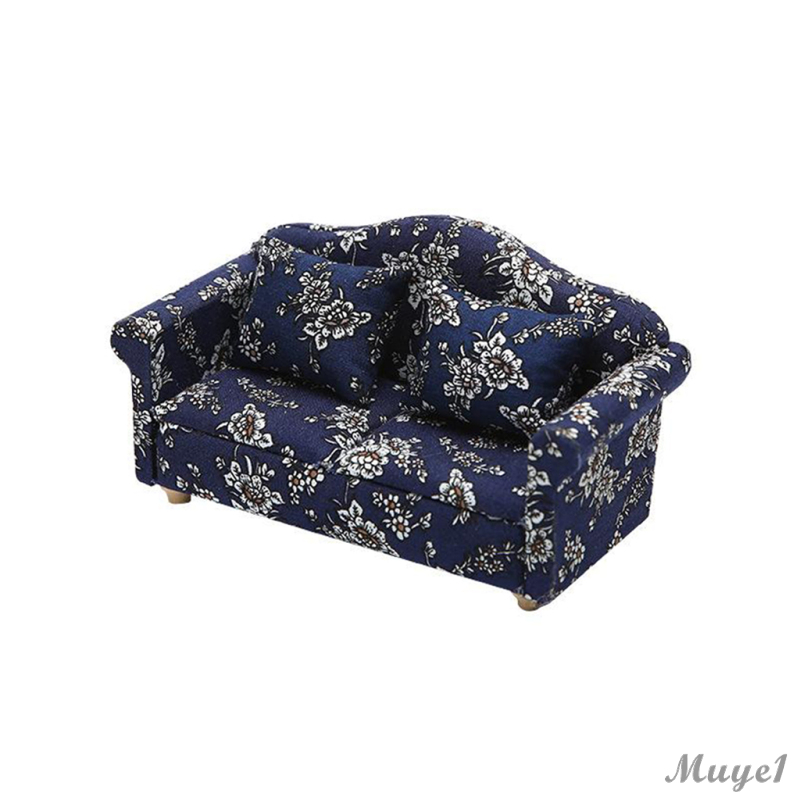1/12 Scale Doll House Wood Mini Upholstered Double/Single Sofa Armchair and Cushion Home Living Room Furniture Decoration Blue