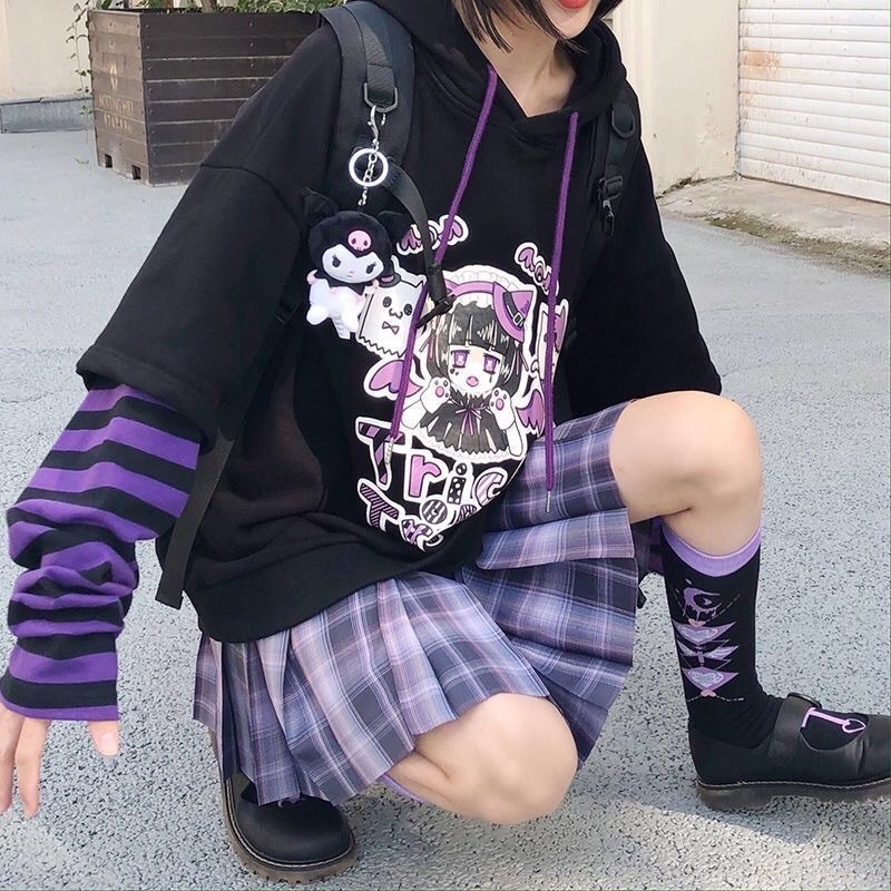 [Có sẵn] Áo Hoodie Tay Sọc Tím In Hình Trick &amp; Treat