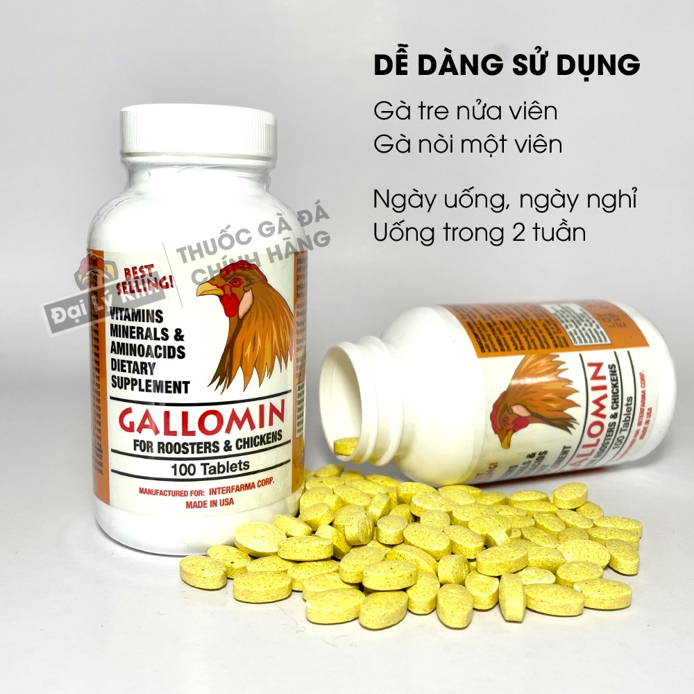 Dinh dưỡng nuôi gà đá tăng bo Gallomin, hủ 100 viên, nhập khẩu Mỹ chính hãng