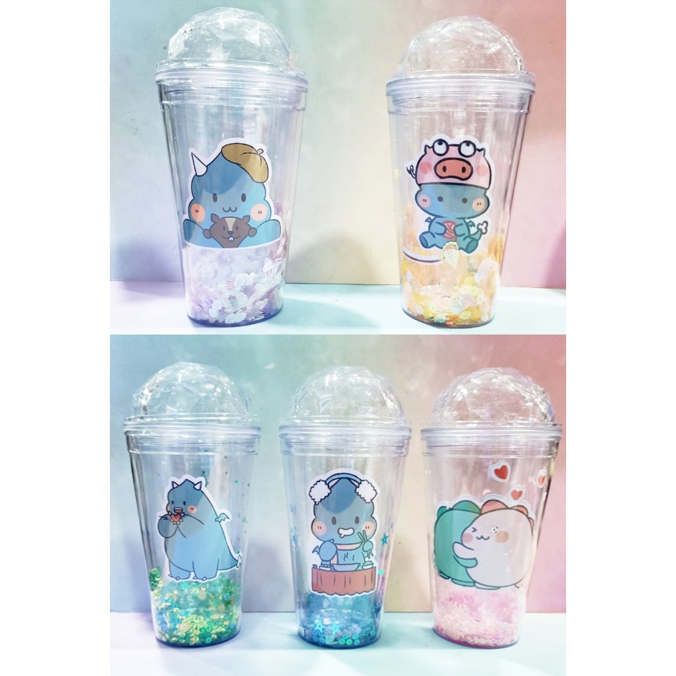 cốc 2 lớp kim tuyến khủng long CNKI17 cốc giữ nhiệt ly 2 lớp cốc làm lạnh dễ thương 500ml