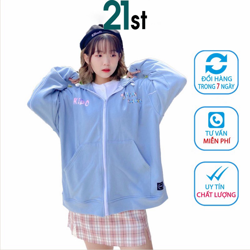 Áo khoác hoodie nỉ mỏng nữ hàn quốc form rộng dây kéo 21 st chữ in lưng ngực KIDO LV18