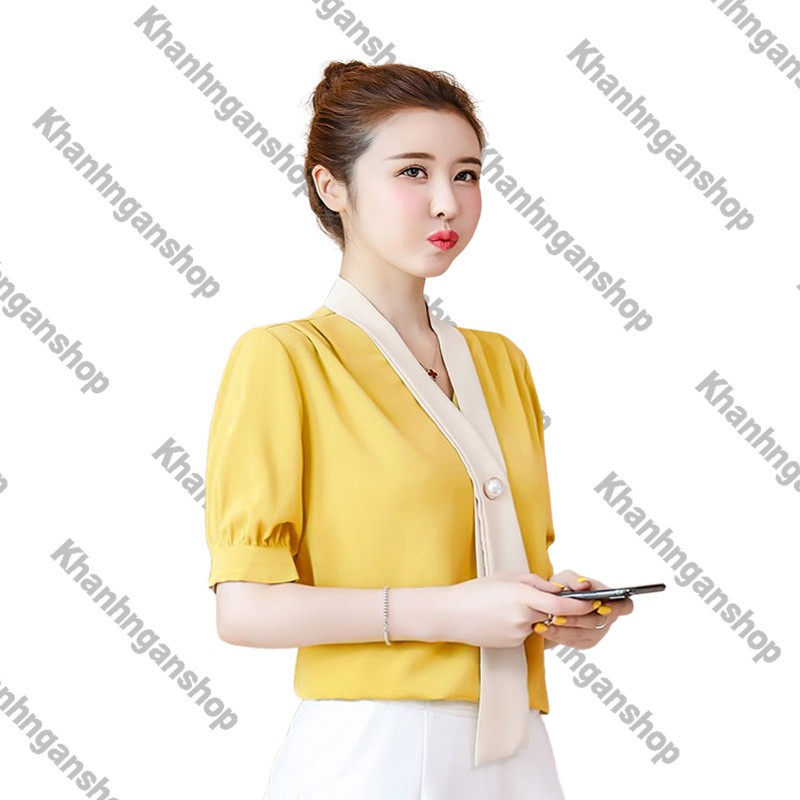 Áo kiểu nữ công sở tay phồng, áo cổ phối nơ chất liệu mềm mịn