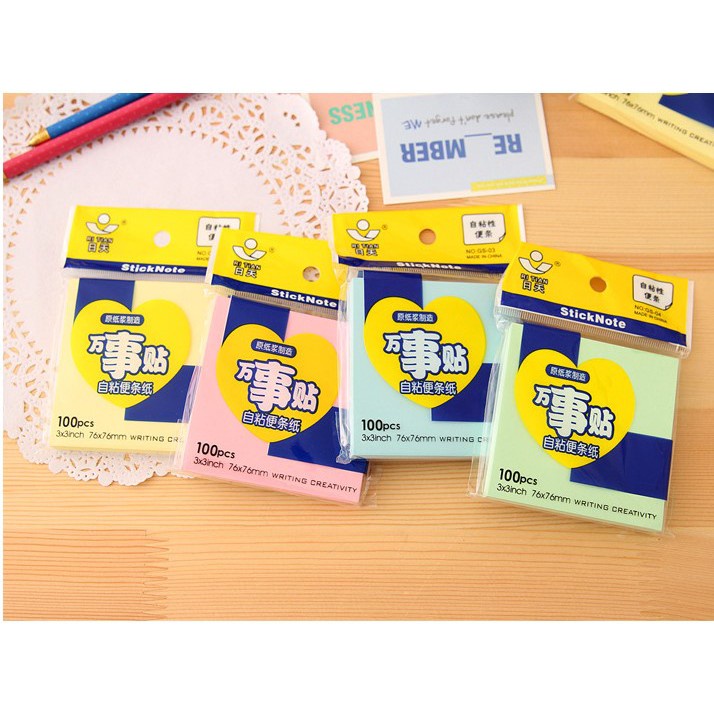 Giấy nhớ vuông sắc màu, giấy ghi chú dán được (100 tờ)