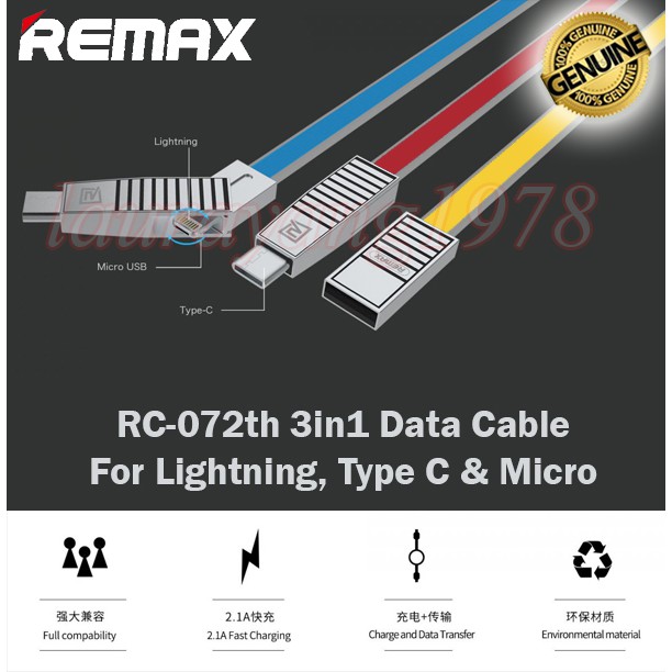 Cáp 3 in 1 Remax RC-072th (Micro USB, Lightning và Type C)