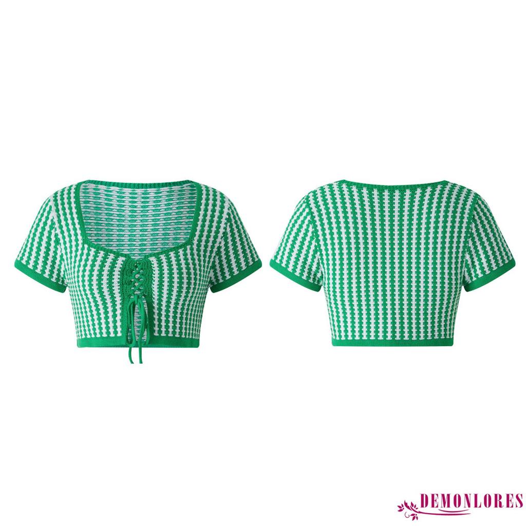 Áo Dệt Kim Tay Ngắn Cổ Vuông Họa Tiết Kẻ Sọc Với Dây Tùy Chỉnh Thời Trang Mùa Hè Cho Nữ