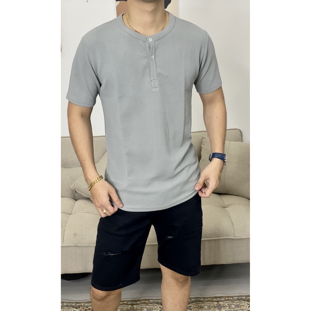 ÁO THUN NAM CỔ TÀU COTTON TỔ ONG 4 MÀU AT3T01- HENLAY 3CUC