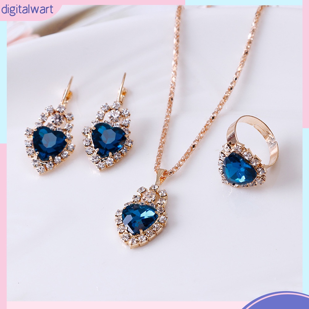 Bộ Vòng cổ + Bông Tai + Nhẫn Hình Trái Tim Đính Đá Lấp Lánh