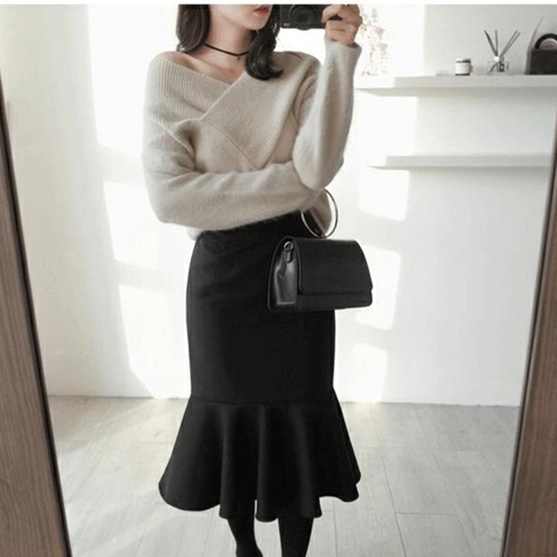 SUXI Áo Sweater Dệt Kim Cổ Chữ V Trễ Vai Quyến Rũ Thời Trang Cho Nữ Phong Cách Hàn Quốc