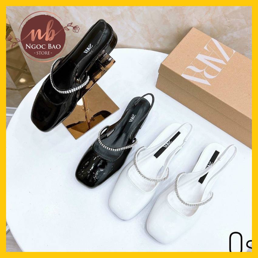 Giày sandal nữ da bóng mũi vuông cao gót đế 5 cm quai đá cực sang chảnh, đẹp HOT