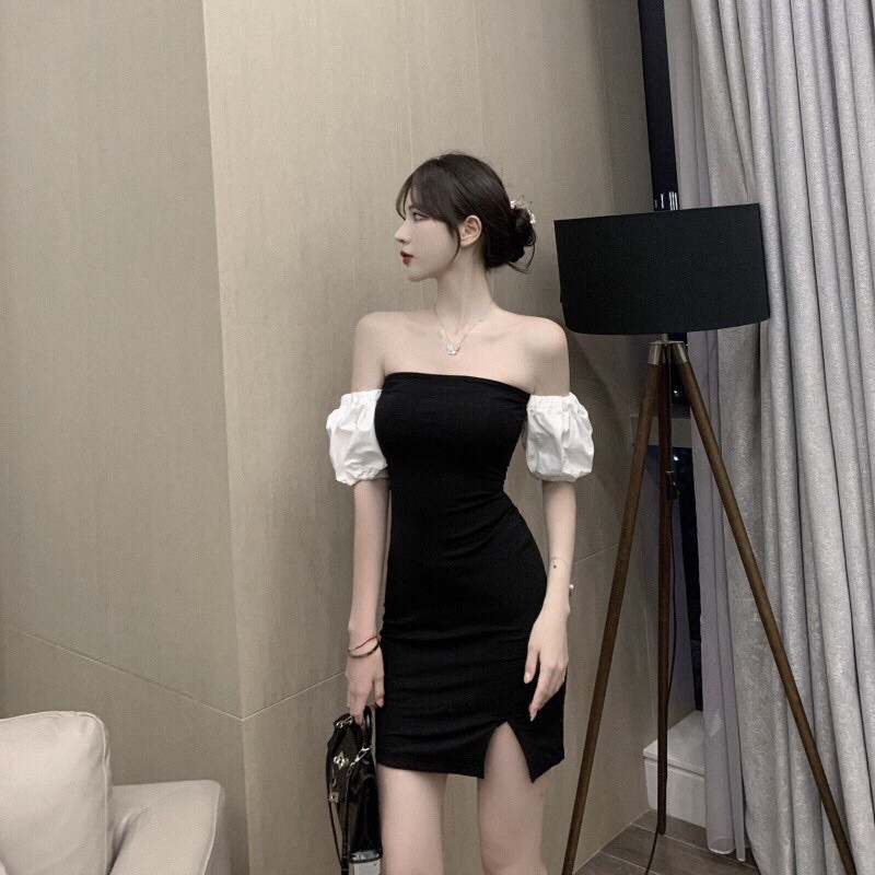 váy trễ vai body phối tay bo chun phồng trắng