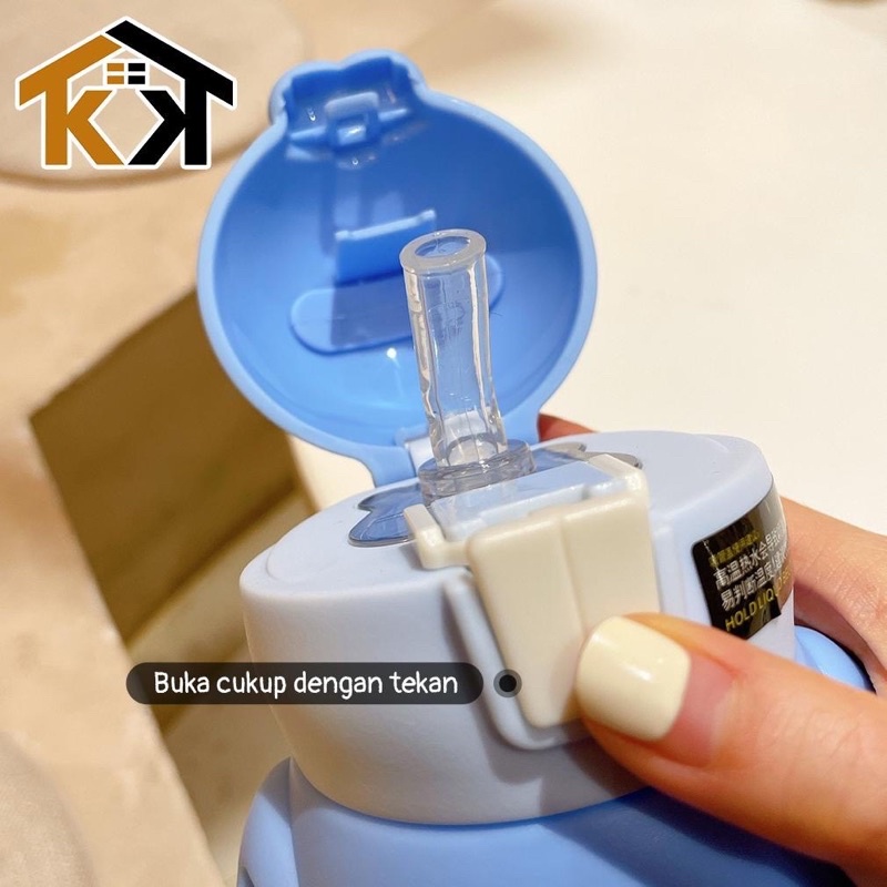 Bình giữ nhiệt tai thỏ 500ml cho bé có ống hút và quay đeo