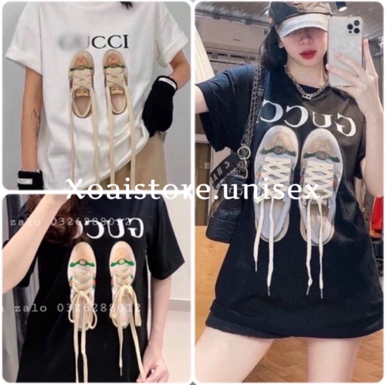(có kèm ảnh thật) Áo Phông Giầy GUCCI Nam Nữ Cổ Tròn Form Rộng Áo Phông Unisex Basic Cotton Oversize Giá