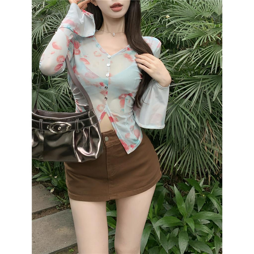 Cocory vn Áo Sơ Mi Tay Dài Phối Lưới Nhiều Màu Sắc Thời Trang Mùa Hè Quyến Rũ Cho Nữ Y2K