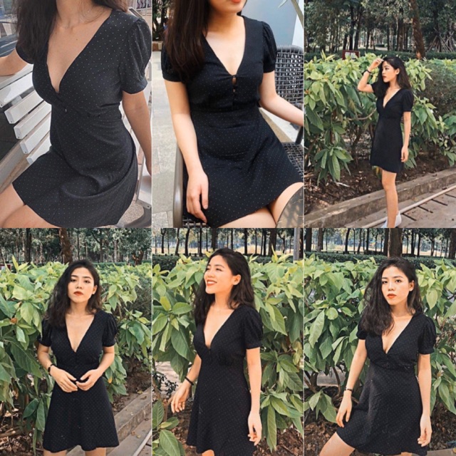 Đầm đen chấm bi Haru Dress cổ chữ V hở Ngực - from chuẩn chất vải bi lụa mât kèm lớp lót búp tay phồng váy xoè nhẹ