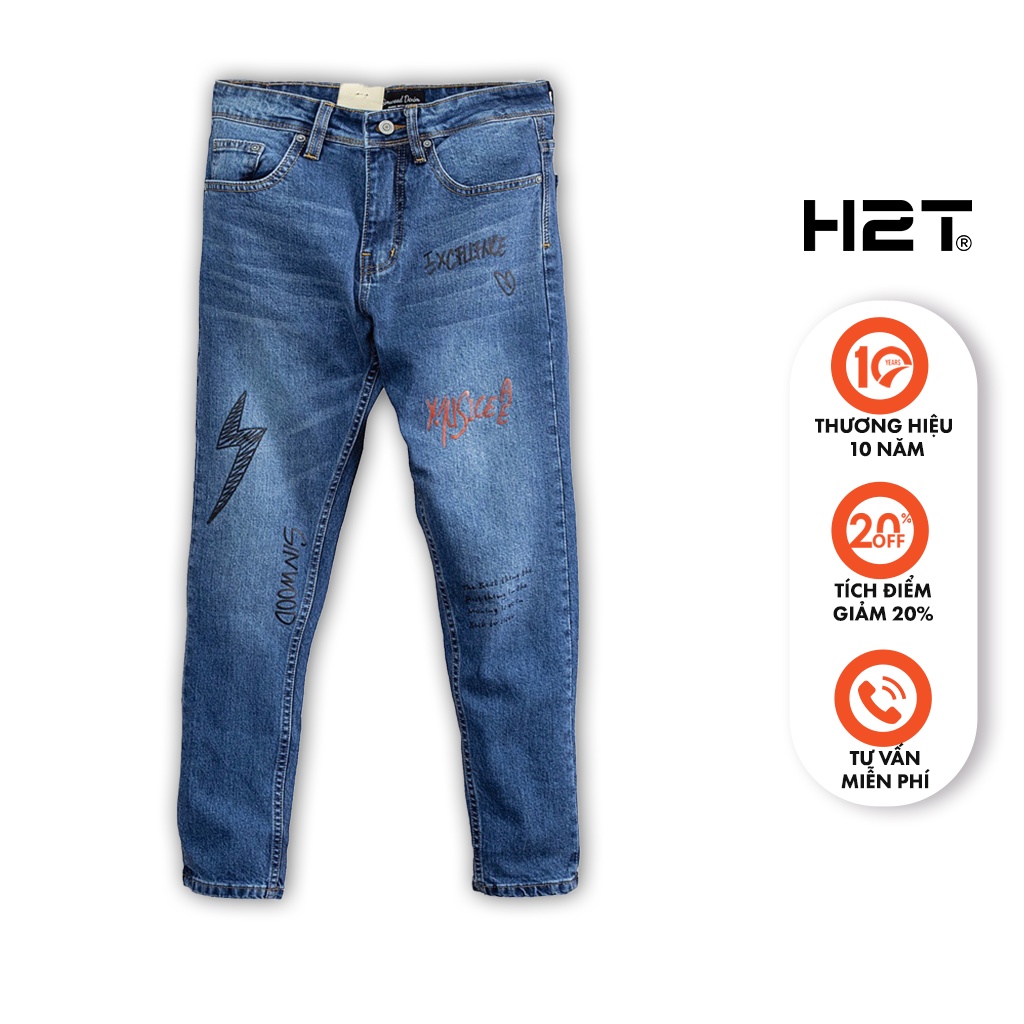 Quần Jean Nam H2T In chữ Slimwood Họa Tiết Hình Độc Đáo Dọc Ống Quần, Chất Vải Dày Dặn 1398