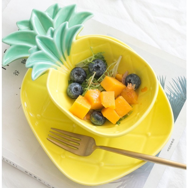 Bộ Bát Đĩa Gốm Sứ Hình Quả Dứa Vàng, Bát Hình Dứa Decor Siêu Xinh Chịu Nhiệt Cao