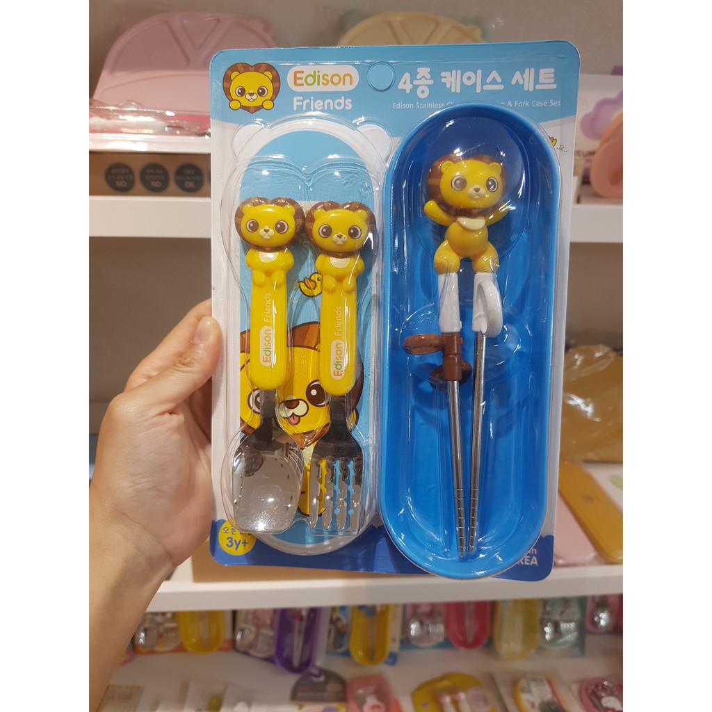 Bộ hộp, đũa, muỗng, nĩa hình cú/sư tử/thỏ EDISON Edison Friends Stainless Chopsticks Spoon & Fork Case Set, Hàn Quốc