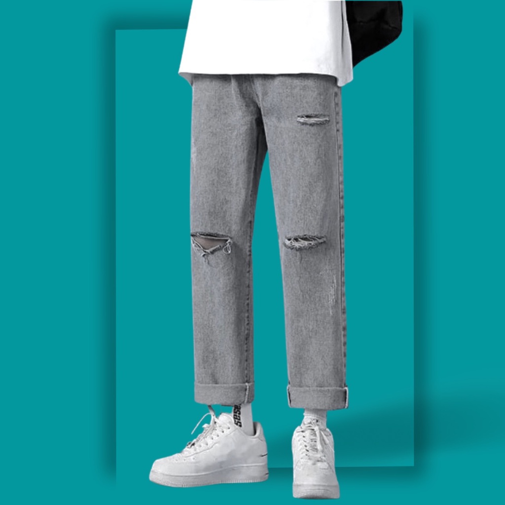 Quần baggy jean nam suông Gấu 194 vải jeans co dãn, dày dặn form slimfit - Jean Suông Xám Rách