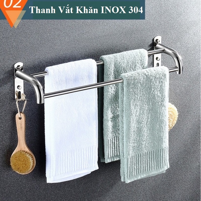 Thanh treo khăn nhà tắm INOX 304 kích thước 60cm lắp đặt dán tường gạch men hoặc khoan tường - TT60