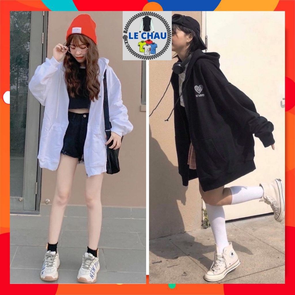 Áo khoac nỉ dây kéo form rộng unisex basic AKN05 LECHAU thêu tim siêu cute