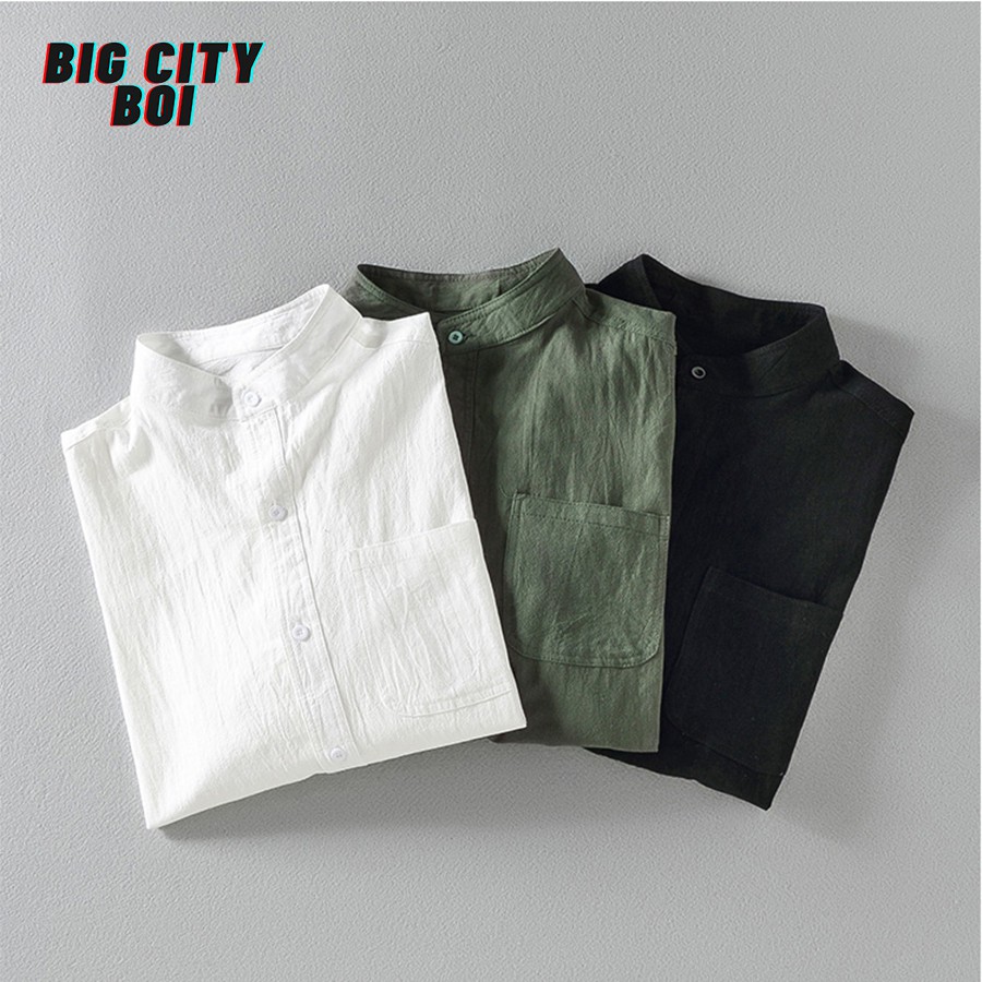 Áo sơ mi đũi ngắn tay nam chất cao cấp, chất đũi mềm mịn thoáng mát, kiểu sơ mi ngắn tay, cổ trụ lịch lãm