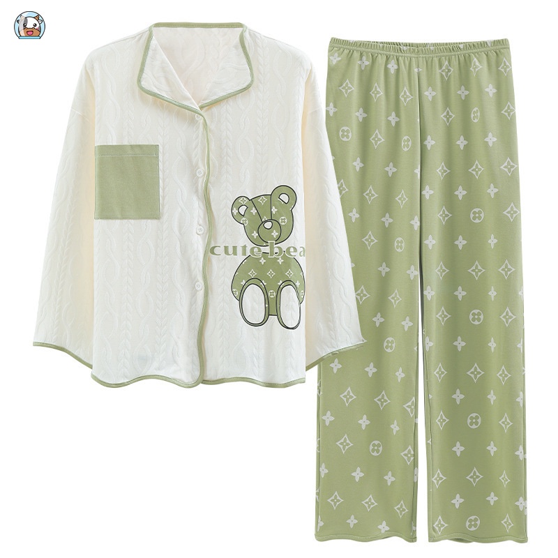 Bộ Đồ Ngủ Tay Dài Chất Liệu Cotton In Họa Tiết Màu Xanh Lá Thời Trang Mùa Thu Xinh Xắn Cho Nữ